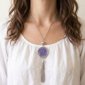 Blue Swirl Pendant Necklace w/ Silver Tassel | Long Chain | Boho Art Jewelry